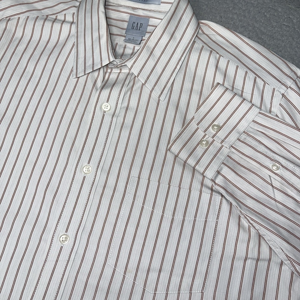 Gap Dress Shirt Men Sz L 16-16½ Gray Brown Striped Fitted  Long Sleeve Button Up